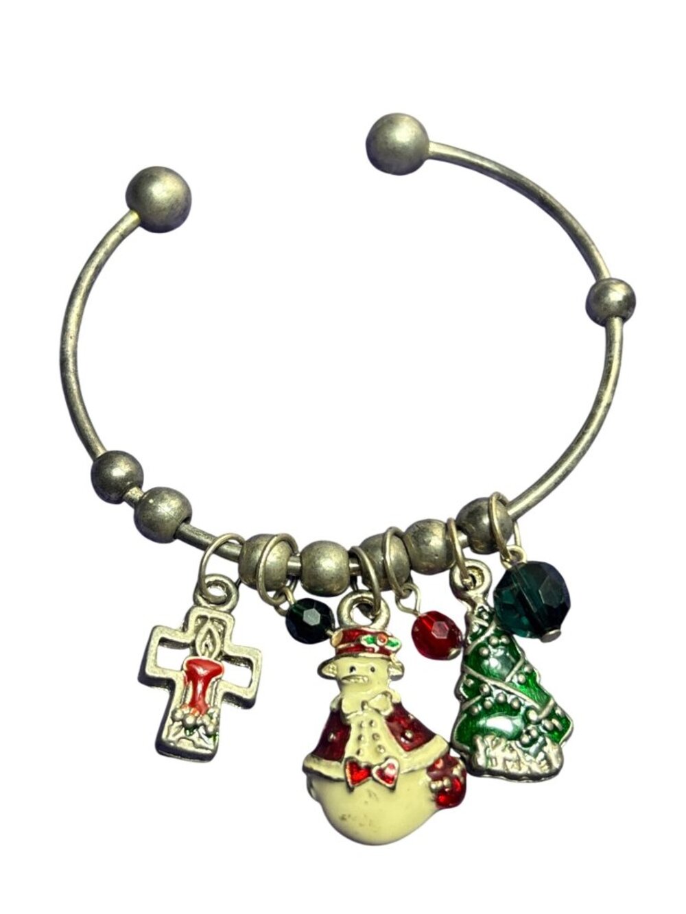 Vintage Silvertone Enamel Christmas Charms Cuff Bracelet 6.5 inches
